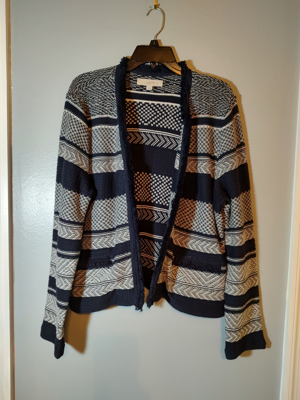 LOFT Women's Navy and Cream Striped Open Cardigan Sweater